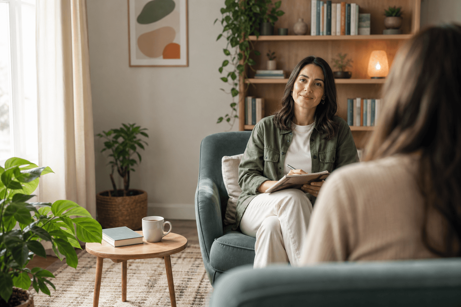 A calm counselling room prepared for an online therapy session